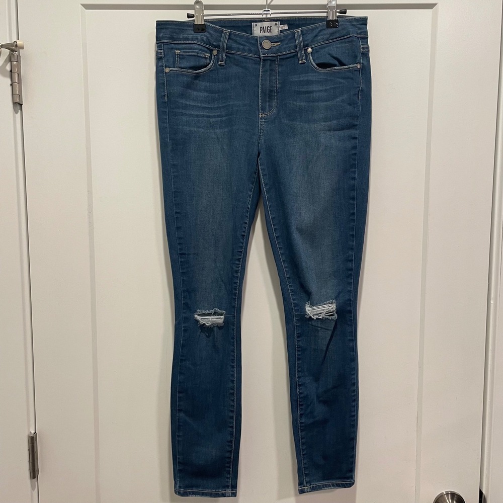 PAIGE Verdugo Ankle Skinny Jeans Medium Washโ Distressed Knee Size 30